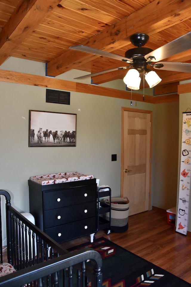 bedroom featuring wood finished floors, wood ceiling, beam ceiling, and visible vents