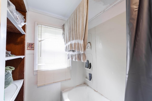 207 Lucky St, Fayette, MO 65248 - bathroom featuring ornamental molding and shower / bath combo with shower curtain