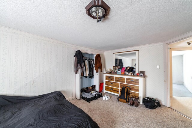 207 Lucky St, Fayette, MO 65248 - bedroom with ornamental molding, a textured ceiling, carpet floors, and a closet