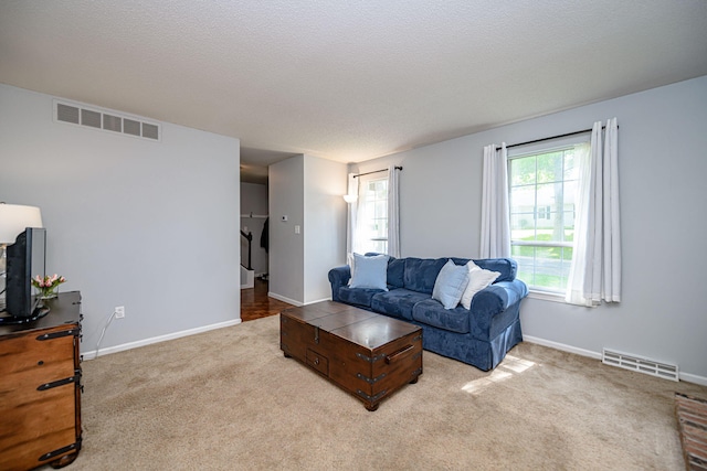 carpeted living area featuring a textured ceiling, visible vents, and baseboards