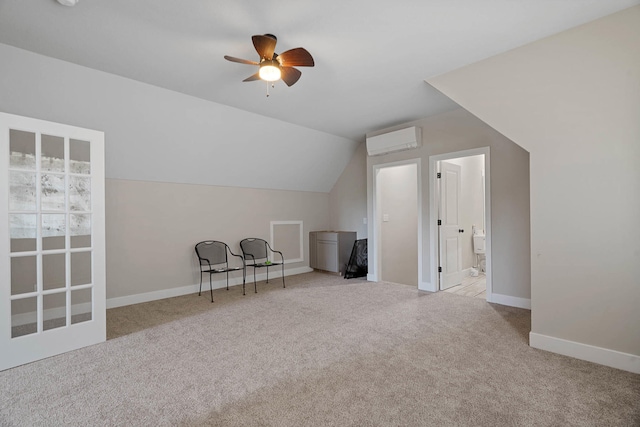 4520 County Road 1245, Moberly, MO 65270 - additional living space featuring baseboards, ceiling fan, a wall unit AC, carpet flooring, and vaulted ceiling
