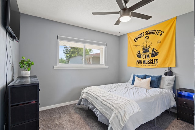 bedroom featuring carpet, baseboards, and a ceiling fan