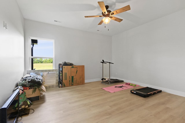 7495 N Rte Z, Columbia, MO 65202 - workout area with visible vents, wood finished floors, baseboards, and ceiling fan