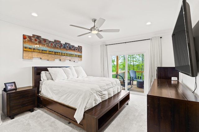 bedroom with access to outside, ornamental molding, recessed lighting, a ceiling fan, and light carpet