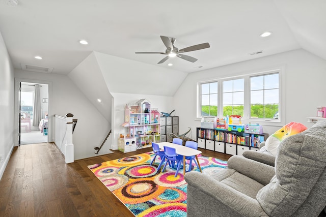 playroom featuring vaulted ceiling, wood finished floors, recessed lighting, and a ceiling fan