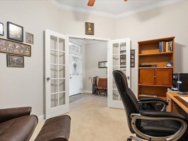 office area with a ceiling fan, french doors, baseboards, crown molding, and light colored carpet