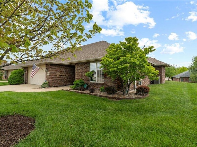ranch-style house with a front yard, a garage, brick siding, and driveway