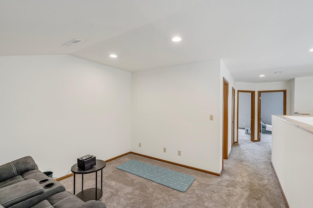 living room with light carpet, baseboards, visible vents, and recessed lighting