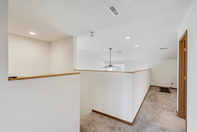bar featuring carpet floors, baseboards, visible vents, and recessed lighting