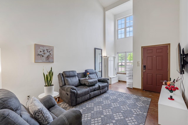 living room with baseboards, a towering ceiling, and wood finished floors