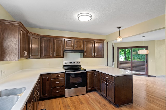 2036 Wendemere Ct, Jefferson City, MO 65109 - kitchen with stainless steel range with electric stovetop, light wood-style floors, a peninsula, dark brown cabinets, and light countertops