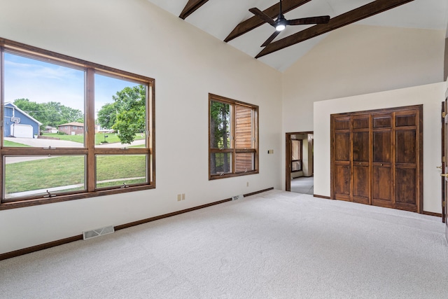 2036 Wendemere Ct, Jefferson City, MO 65109 - unfurnished bedroom with high vaulted ceiling, light colored carpet, beamed ceiling, baseboards, and ceiling fan