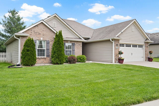 view of front of house with brick siding, driveway, an attached garage, and roof with shingles