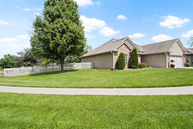 view of side of property featuring brick siding, an attached garage, and a shingled roof