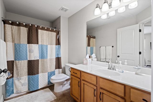 full bath with toilet, vanity, tile patterned floors, and curtained shower