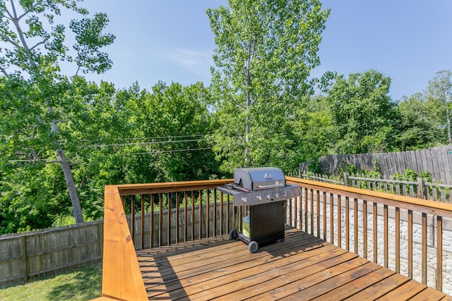 deck featuring a grill and a fenced backyard