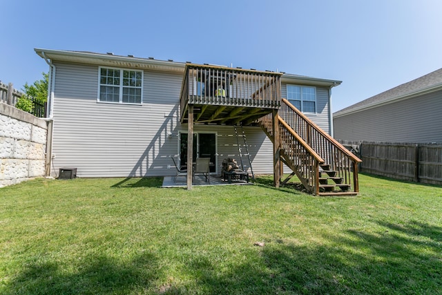 back of property featuring a wooden deck, a patio area, and stairs
