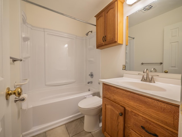 bathroom with shower / washtub combination, tile patterned flooring, toilet, and vanity