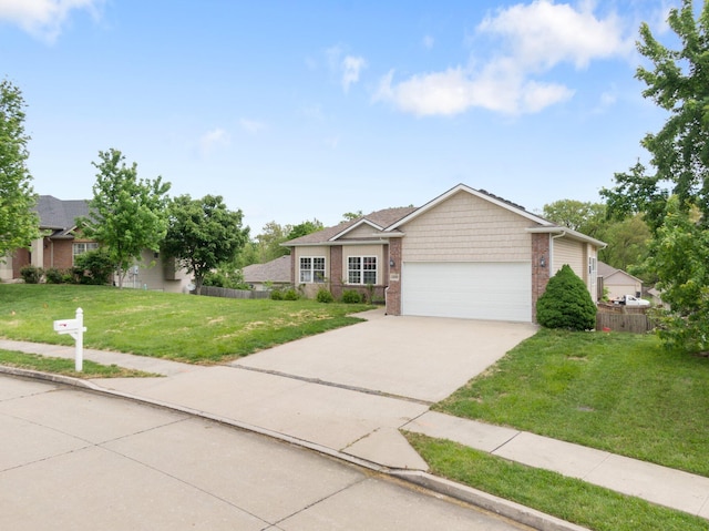 ranch-style house featuring an attached garage, concrete driveway, and brick siding