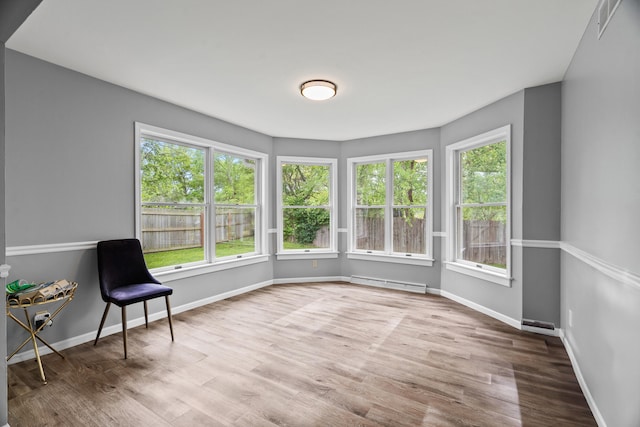 sunroom / solarium featuring a baseboard radiator, baseboards, and wood finished floors