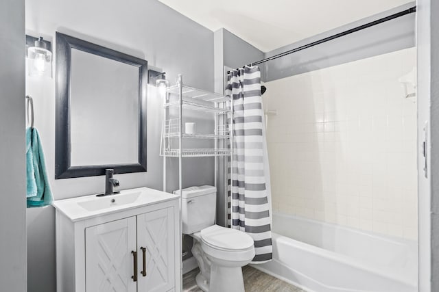 full bathroom with toilet, vanity, shower / bath combination with curtain, and wood finished floors