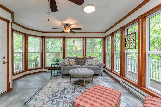 2105 Oak Point Ct, Columbia, MO 65203 - living area featuring a ceiling fan, crown molding, baseboard heating, and baseboards