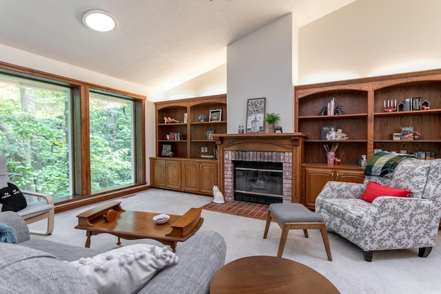 2105 Oak Point Ct, Columbia, MO 65203 - living room featuring light colored carpet, vaulted ceiling, and a brick fireplace