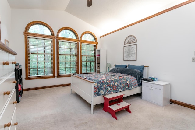 2105 Oak Point Ct, Columbia, MO 65203 - bedroom featuring light carpet, vaulted ceiling, baseboards, and ceiling fan