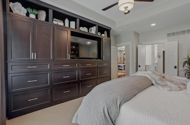 bedroom featuring light carpet, recessed lighting, and ceiling fan