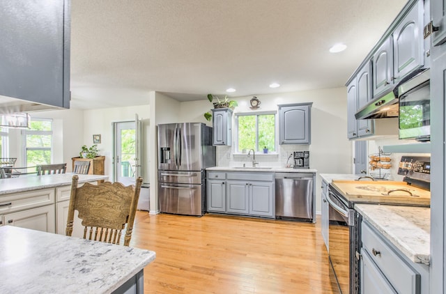 kitchen featuring stainless steel appliances, a sink, healthy amount of natural light, light wood-style flooring, and recessed lighting