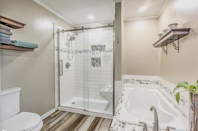full bath with ornamental molding, a stall shower, toilet, a garden tub, and wood finished floors