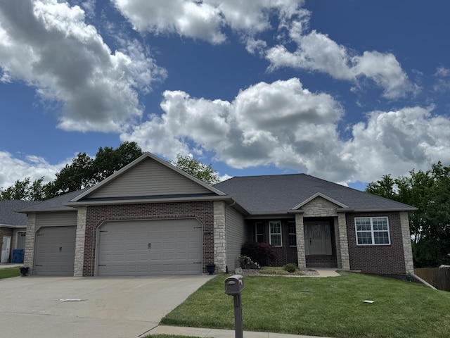 ranch-style house featuring an attached garage, brick siding, concrete driveway, and a front lawn