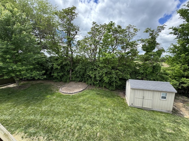 view of green lawn with a storage shed and an outdoor structure