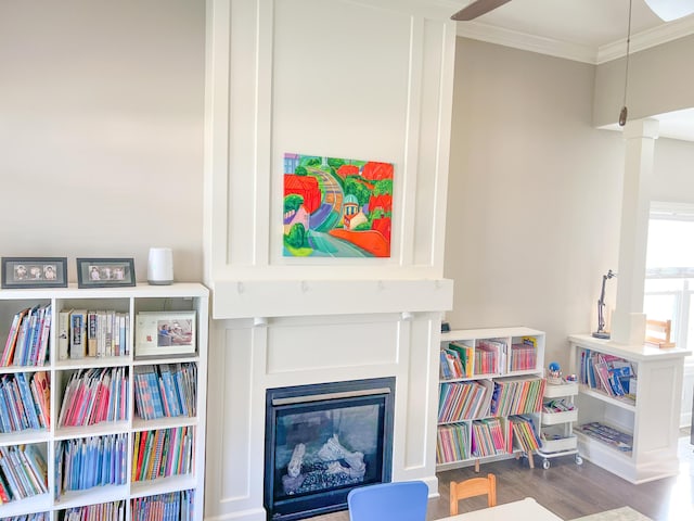 living area featuring wood finished floors, ornamental molding, and a glass covered fireplace