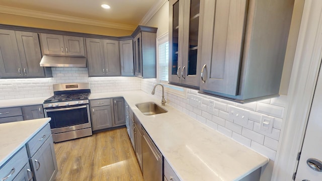 5492 Diversey Rdg, Columbia, MO 65203 - kitchen with under cabinet range hood, appliances with stainless steel finishes, ornamental molding, light wood-style floors, and decorative backsplash