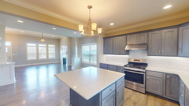 5492 Diversey Rdg, Columbia, MO 65203 - kitchen featuring stainless steel gas stove, under cabinet range hood, light countertops, tasteful backsplash, and a center island