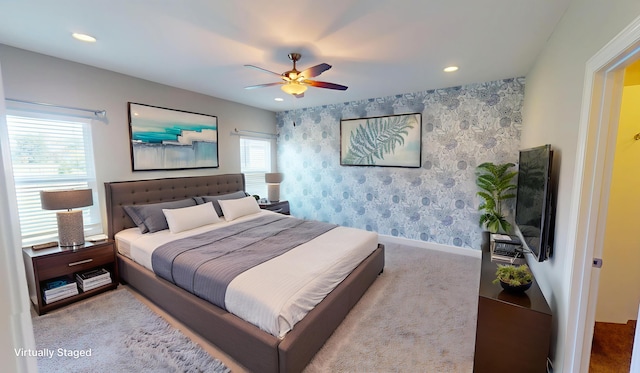 5492 Diversey Rdg, Columbia, MO 65203 - bedroom with carpet, wallpapered walls, an accent wall, recessed lighting, and ceiling fan