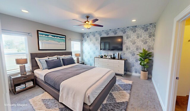 5492 Diversey Rdg, Columbia, MO 65203 - bedroom featuring light carpet, a ceiling fan, recessed lighting, and wallpapered walls