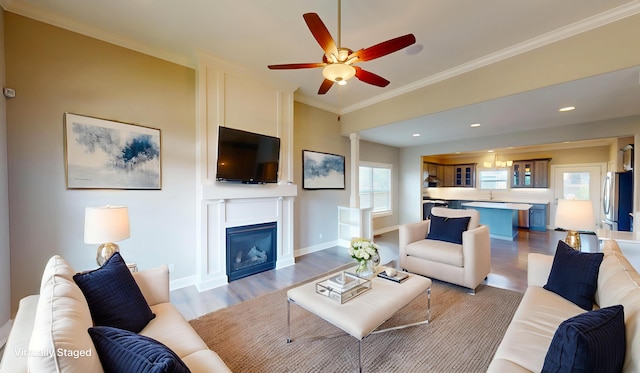 5492 Diversey Rdg, Columbia, MO 65203 - living room featuring light wood-type flooring, a ceiling fan, crown molding, a glass covered fireplace, and recessed lighting