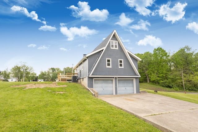 view of property exterior featuring cooling unit, a garage, a yard, and driveway