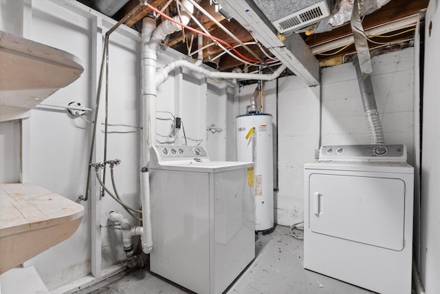 laundry room with water heater, separate washer and dryer, and concrete block wall