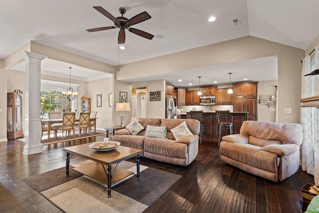 living room with ornate columns, ceiling fan, baseboards, dark wood-style floors, and recessed lighting