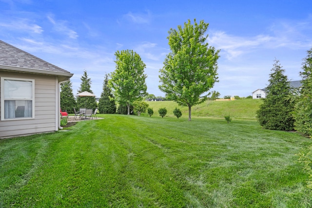 view of green lawn featuring a patio area