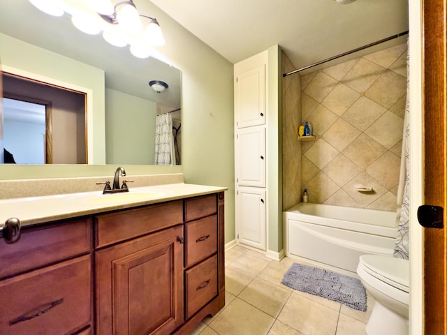 full bathroom with tile patterned floors, toilet, vanity, and shower / bath combination with curtain