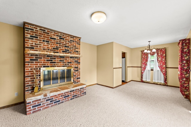 4 Halley Ct, Fulton, MO 65251 - unfurnished living room with carpet, a chandelier, baseboards, and a fireplace