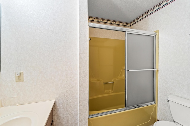 4 Halley Ct, Fulton, MO 65251 - full bathroom with toilet, combined bath / shower with glass door, vanity, and a textured ceiling
