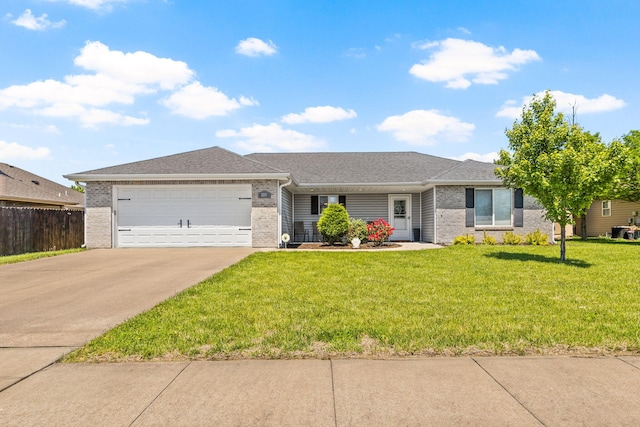 ranch-style house with brick siding, an attached garage, driveway, and roof with shingles