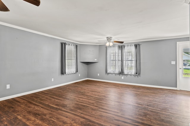 unfurnished room with a ceiling fan, plenty of natural light, and crown molding