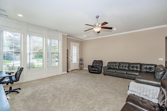 carpeted living area with ceiling fan, crown molding, recessed lighting, and baseboards