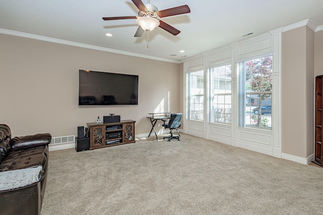 carpeted living room featuring crown molding, baseboards, ceiling fan, and recessed lighting